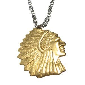 Gold Toned Indian Chief Head Pendant Necklace